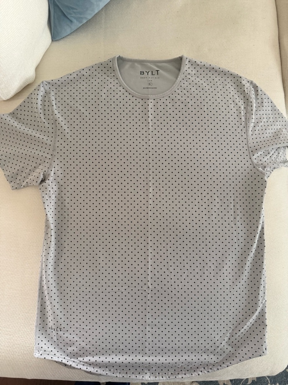 BYLT Drop Cut Lux T-Shirt in Grey with Black Dots.